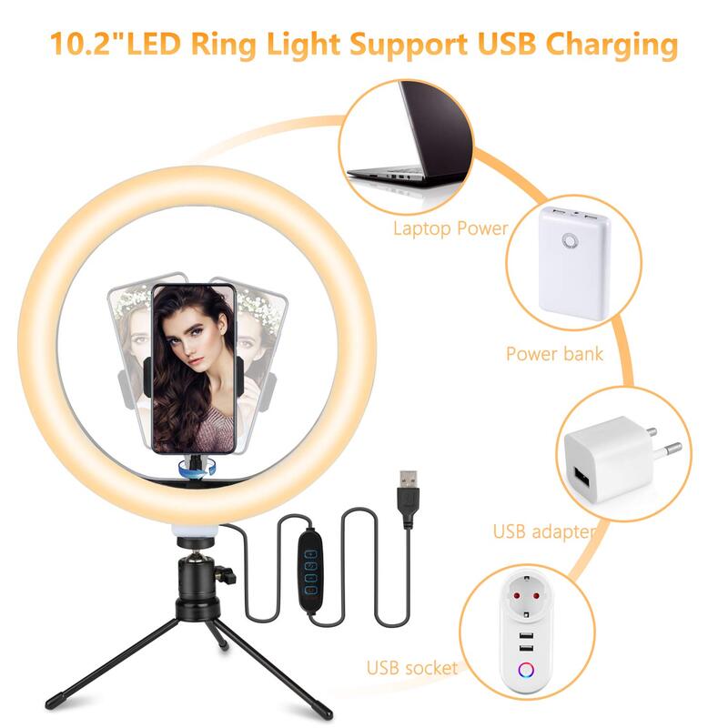 Anillo de Luz LED 10" 3 Modos de Luces 10 Brillos Regulable para Móvil Selfie USB de Teléfono para Selfie/Maquillaje/Youtube