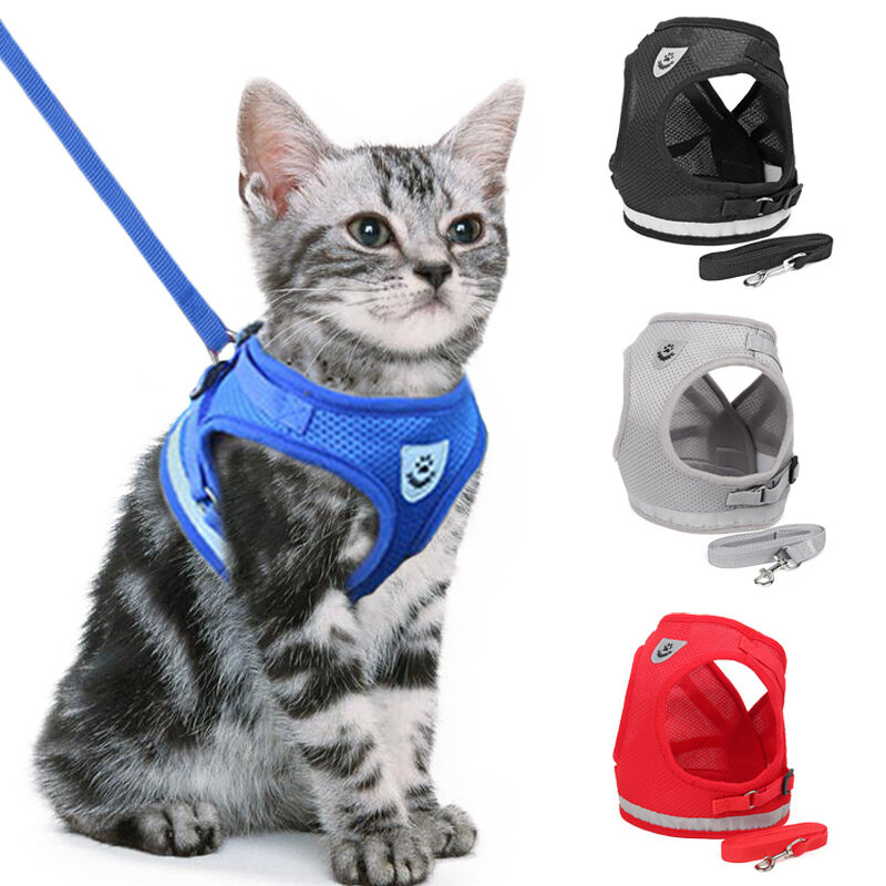 Harnais ajustable à mailles pour chat et chien, gilet avec une laisse en plomb pour chiot, collier en polyester, pour animaux domestiques de petits à moyens
