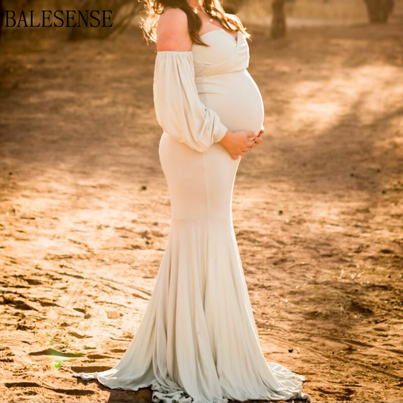 Gaun Panjang Bahu Terbuka Seksi untuk Pemotretan Kehamilan Putri Duyung Fit Gaun Maxi Fotografi Mandi Bayi Hamil