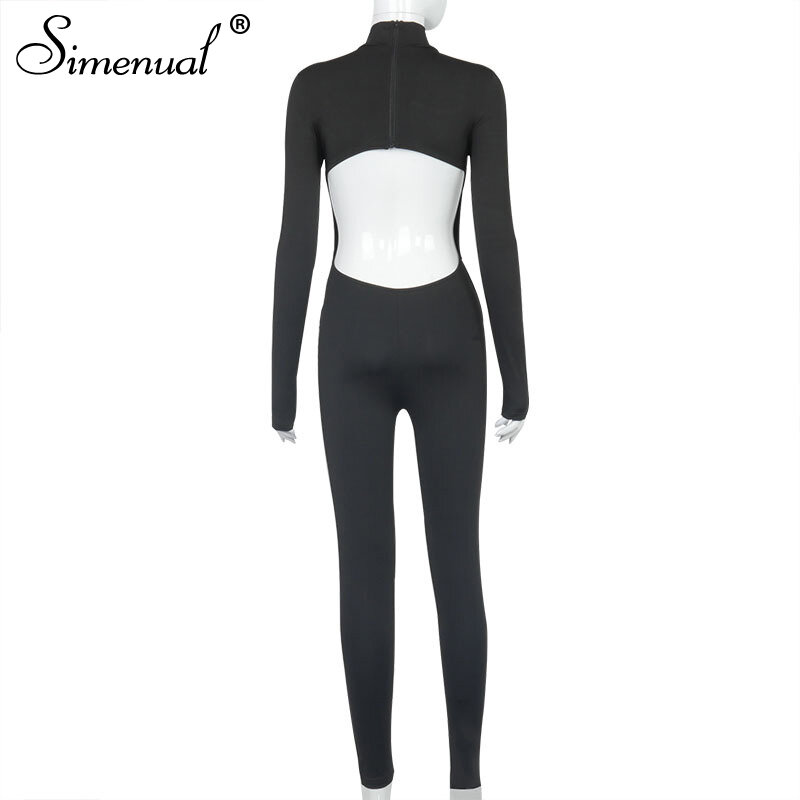 Simenual Backless Cut Out Long Sleeve Bodycon Jumpsuits One Piece Fall 2021 Women Clothing Fashion Workout Active Wear Jumpsuit