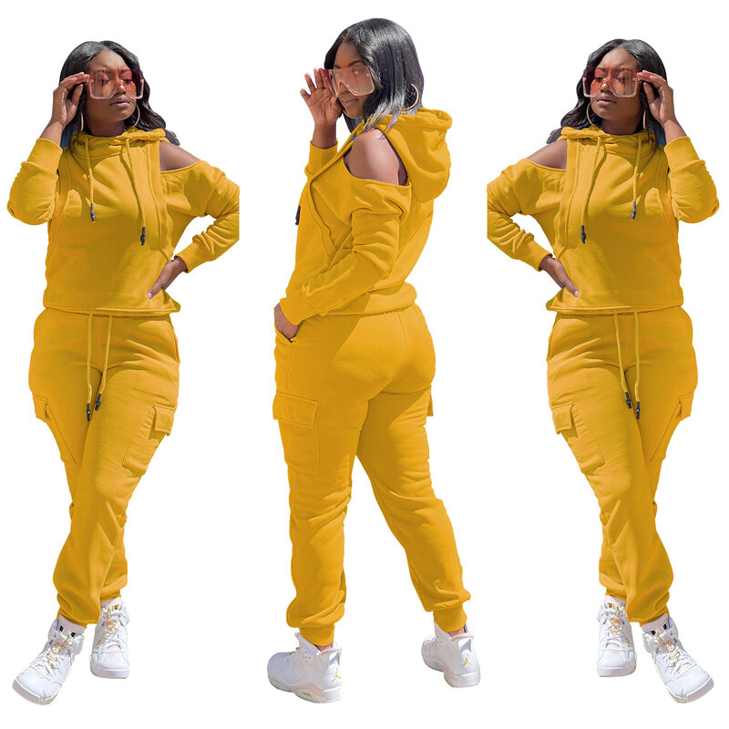 Casual Women Tracksuit Two Piece Set Off Shoulder Sportsuit Matching Suit Solid Color High Streetwear Clothes For Women Outfit