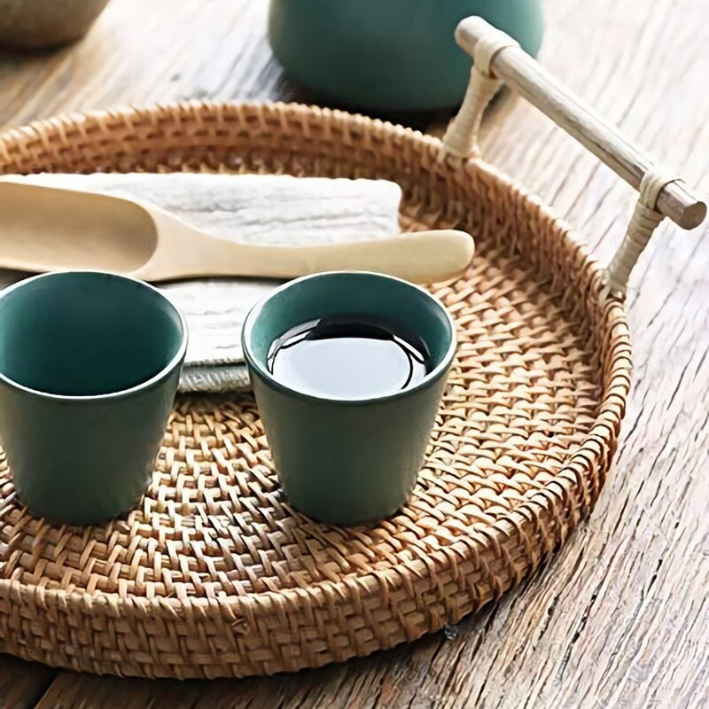 籐パンバスケットラウンド織茶トレイを提供するためのハンドルとディナーパーティーコーヒー朝食 (8.7インチ)