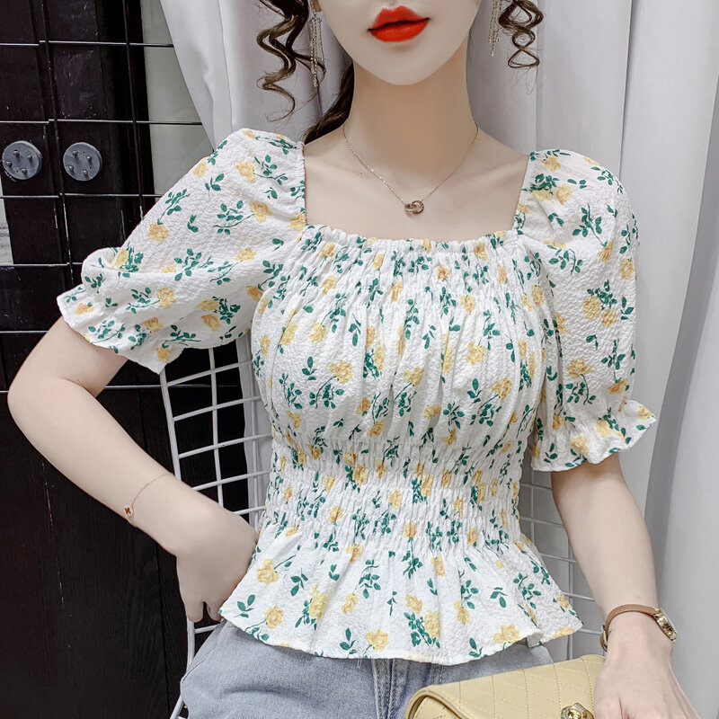 Uma palavra gola quadrada floral impressão chiffon camisa feminina verão 2021 nova cintura elástica blusas de manga curta camisas blusa 224h