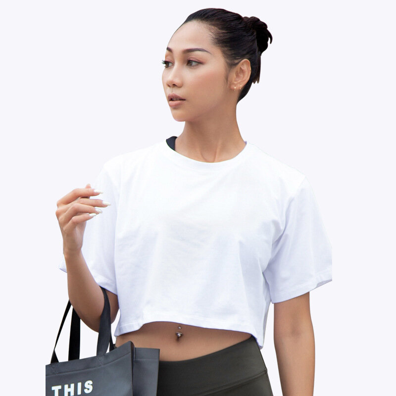T-shirt de Yoga à manches courtes pour femmes, haut blanc de sport Sexy, nombril exposé, Fitness, été