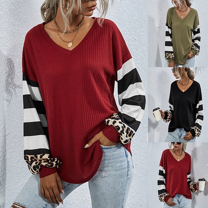 여성 긴 소매 v넥 티셔츠 스트라이프 레오파드 패치 워크 와플 니트 튜닉 탑 X3UE