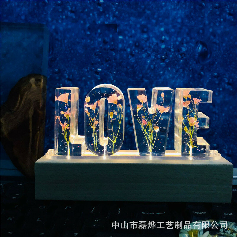 Flor seca luz nocturna amor letras personalizadas Base de madera Decoración de mesa para el hogar Día de San Valentín aniversario fiesta de boda
