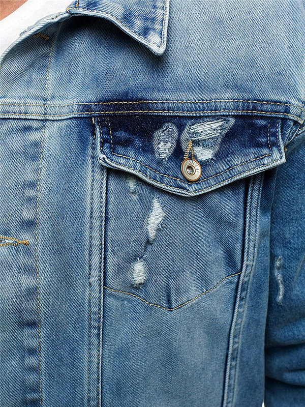 2021 nowa wiosna jesień dziura męska niebieska kurtka dżinsowa bawełna elastyczność Jeans Coat męskie markowe ciuchy