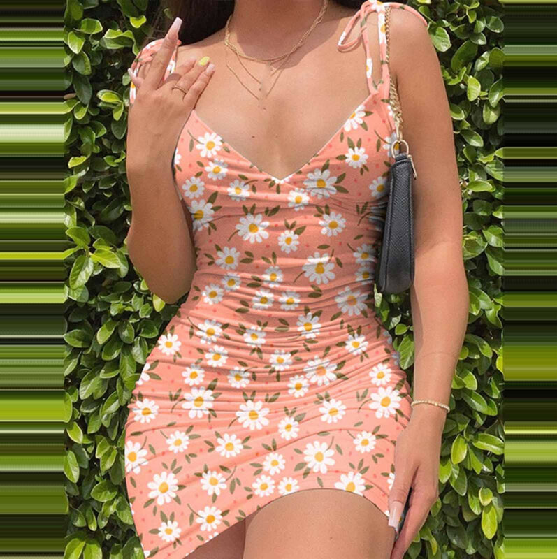 جديد إمرأة مثير السباغيتي حزام فساتين موضة عادية طباعة بروتيل أكمام مثير سليم فستان حجم كبير فستان الشمس Vestidos