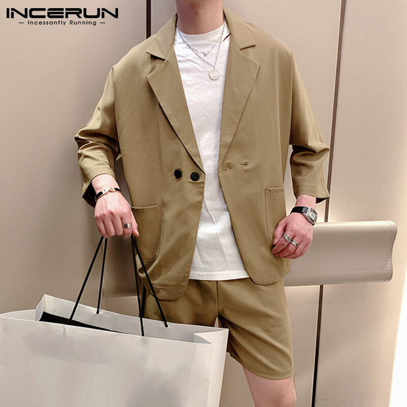 INCERUN – costume deux pièces de Style coréen pour homme, ensemble décontracté, ample, à manches mi-longues, à manches courtes 8 points, à la mode, ShortsS-5XL