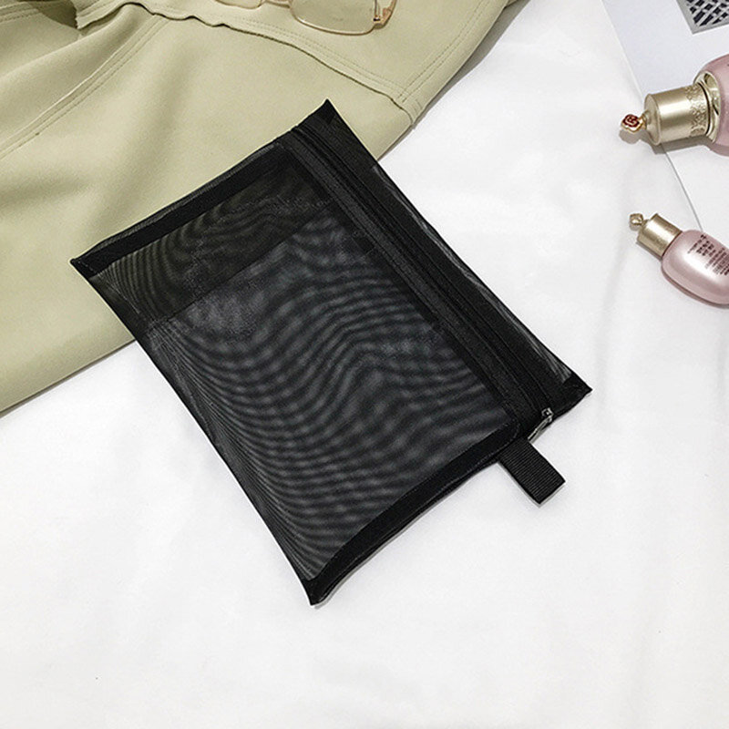 Bolsa de cosméticos feminina e masculina, bolsa de malha transparente com zíper e fecho, bolsa casual preta para armazenamento de maquiagem e viagem