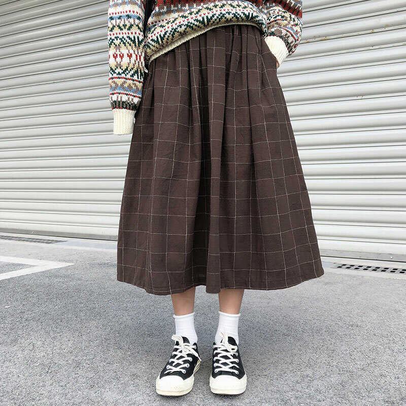2 cores estilo japonês alta cintura elástica saias longas mulher 2019 outono inverno xadrez a-line plissado saias das mulheres (x1078)