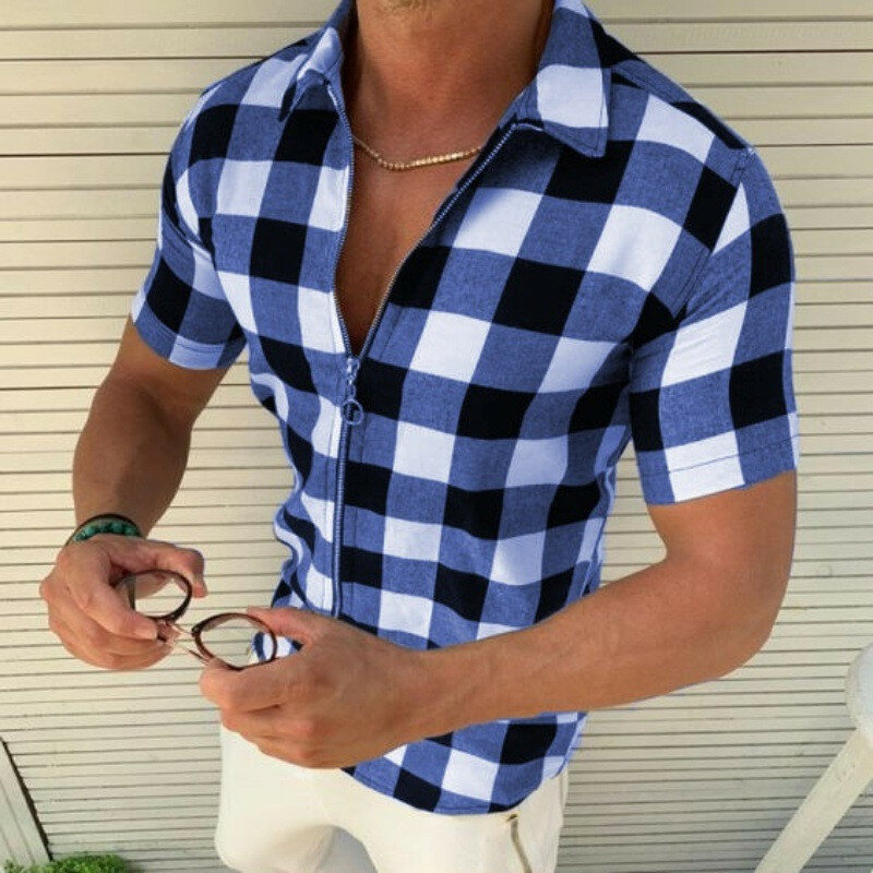 2021 xadrez nova cor sólida camisas dos homens de manga curta polos casuais hommes moda verão lapela masculino topos