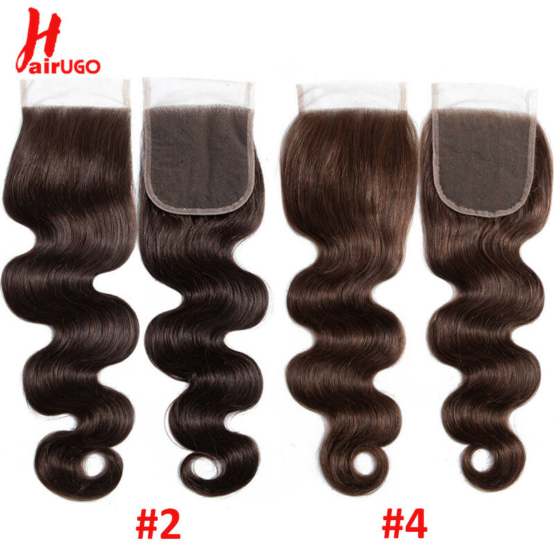 HairUGo Malaysia 4# Brown Human Hair Closure 4x4 Lace Closures Body Wave Lace Closure With Baby Hair Hand Tied Color 2# Non-Remy