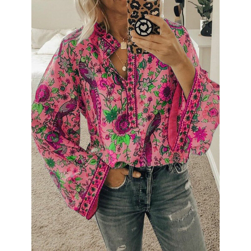 Women Blouses Long Sleeve Spring Fall Tops Clothes for Woman Fashion Flower Peacock Print Pattern Female Plus Size Shirts
