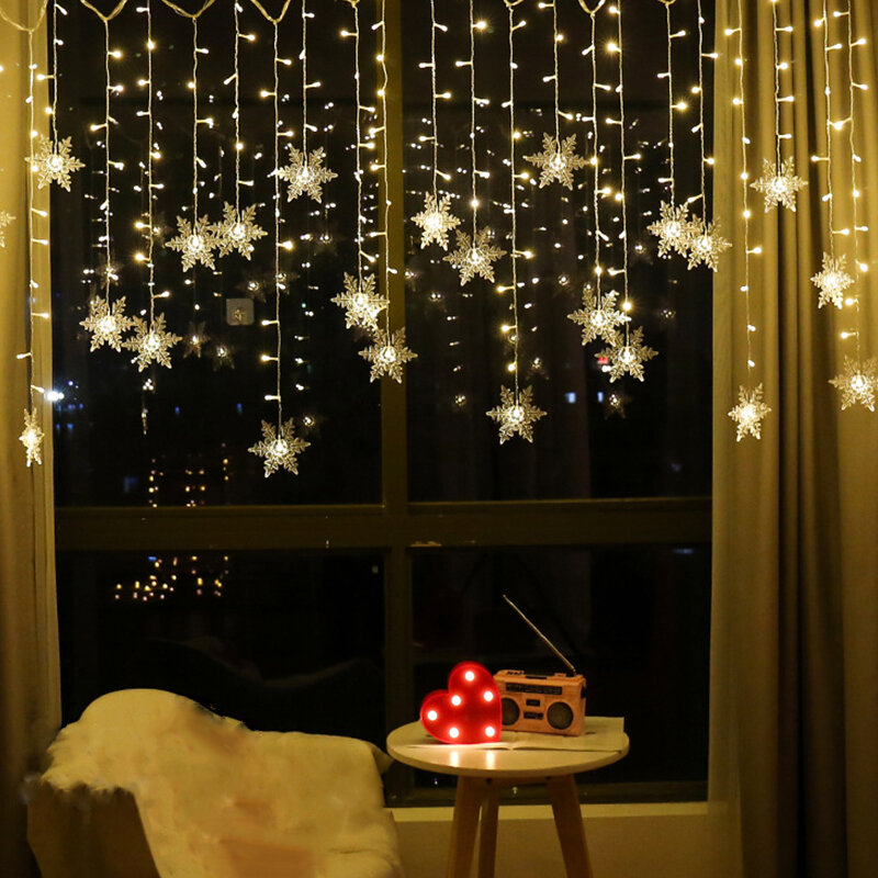 Cortina de luz impermeable para fiesta navideña, decoración navideña, copos de nieve, cadena de luces Led, luces intermitentes de 3,5 m