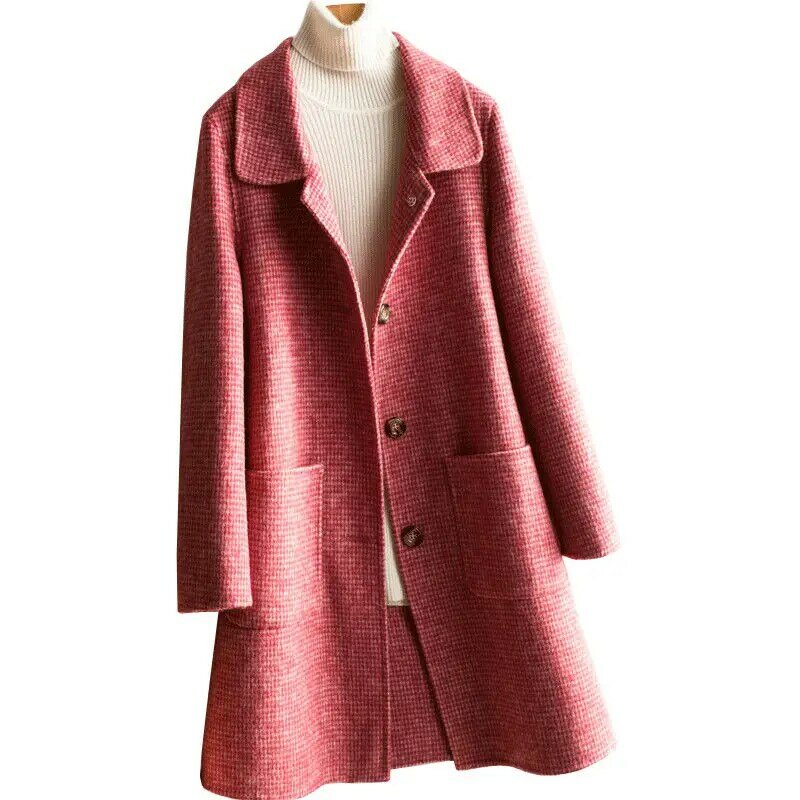 2021 Jaket Wol Kotak-kotak Musim Dingin Wanita Mode Korea Pakaian Luar Longgar Hangat Wol Jaket Panjang Kancing Sebaris Perempuan L735