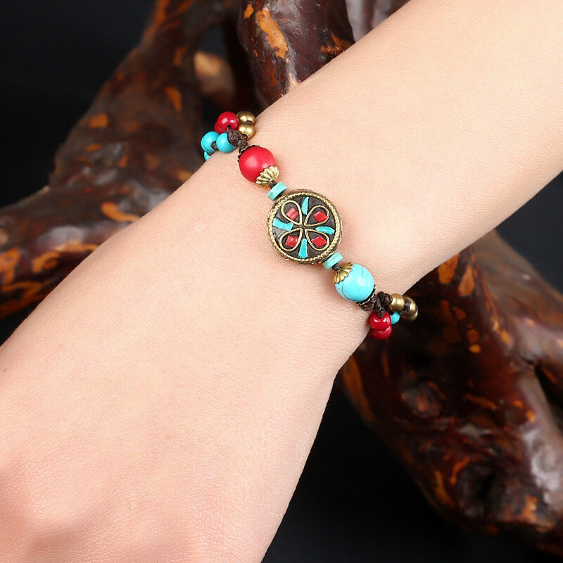 New Ethnic Style Jewelry Hand-Woven Nepal Beads Wax Rope Retro Stall Female Bracelet for Women