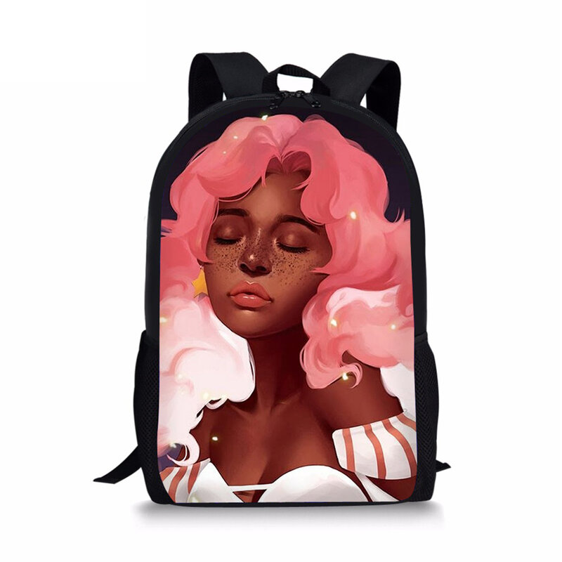 패션 키즈 배낭 블랙 만화 아프리카 소녀 패턴 학교 가방, 아프로 예술 소녀 디자이너 키즈 기본 책 가방