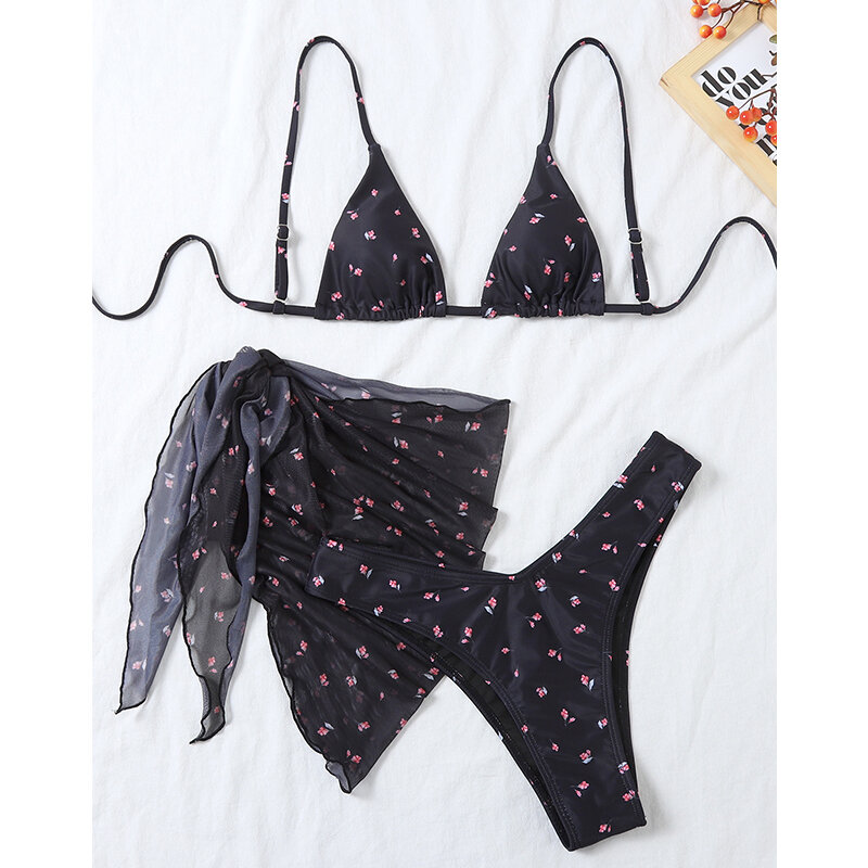 Mossha-biquíni triangular com estampa sexy, maiô feminino de 3 peças com corte alto e saia de malha, roupa de banho vintage, moda praia, 2021