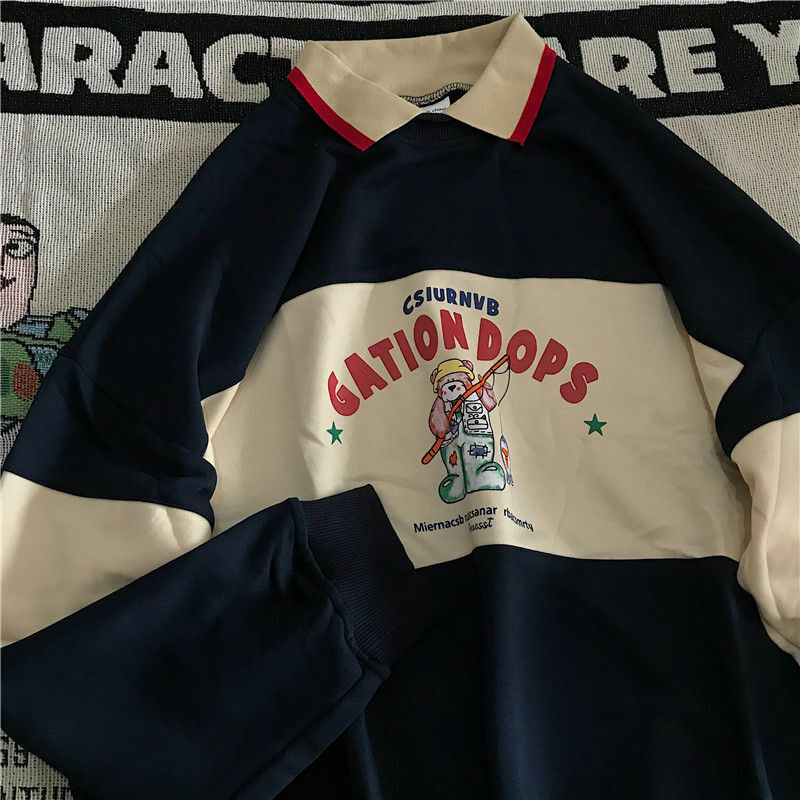 Frauen Sweatshirts Herbst Casual Vintage Brief Bär Drucken Striped Patchwork Polo Kragen Harajuku Übergroßen Mit Kapuze Pullover Tops