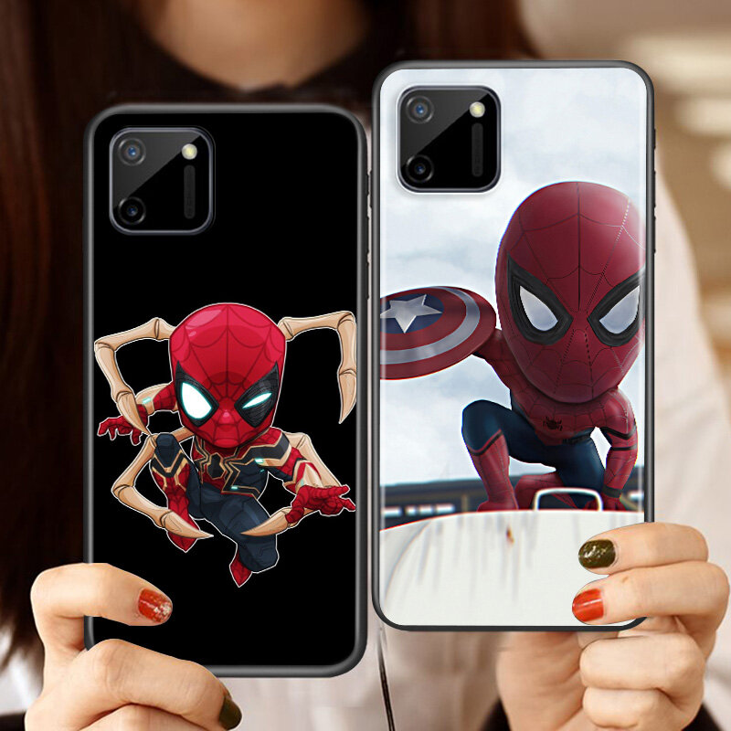 Marvel Cute Spiderman para OPPO Realme Narzo 20 C2/3/11/12/15/17 X2 X3 X7 XT X50 Q2 Q2i V3 V5 V15 Pro, funda negra para teléfono