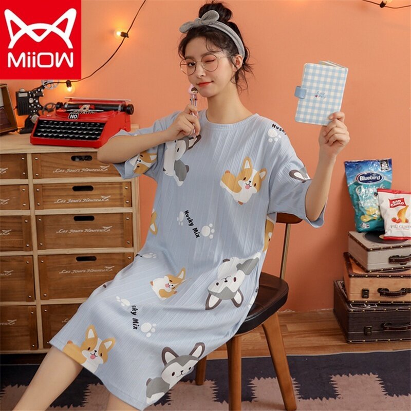 Nightdress Female Summer Short Sleeve Cotton Loose Large Size Nightdress Korean Version Student Thin Style Can Be Worn