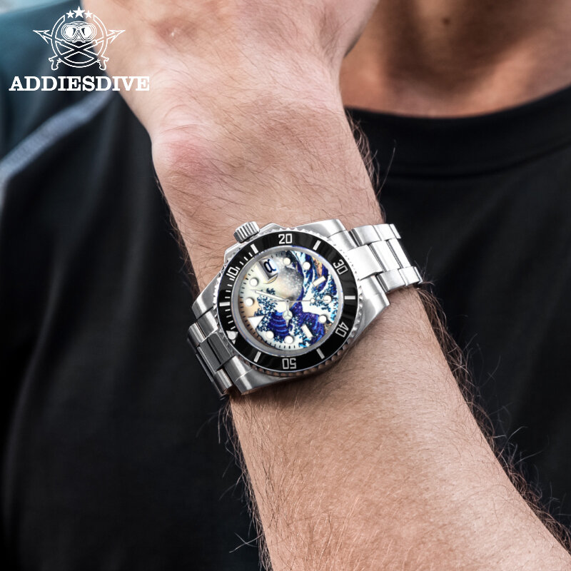 Новинка, стильные мужские часы Addies Dive для серфинга, супер светящийся циферблат 200 м, часы для дайвинга, Черная Керамическая рамка NH35, автомат...