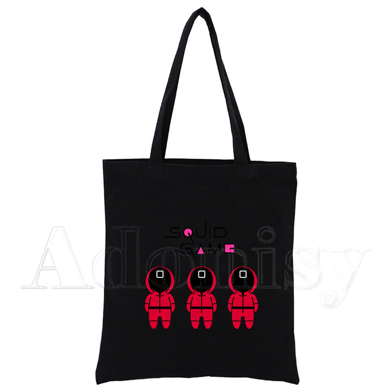 Korean TV Squid Game Kawaii Cartoon 456 Canvas Black Shopping Tote Bag Reusable Shoulder Cloth Book Bag Gift Handbag