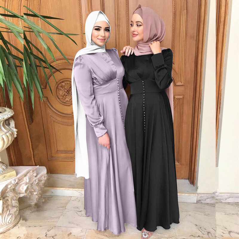 Cetim turbante vestido feminino 2021 novo ramadan eid mubarak elegante cor sólida cintura fina balanço árabe turco roupas islâmicas