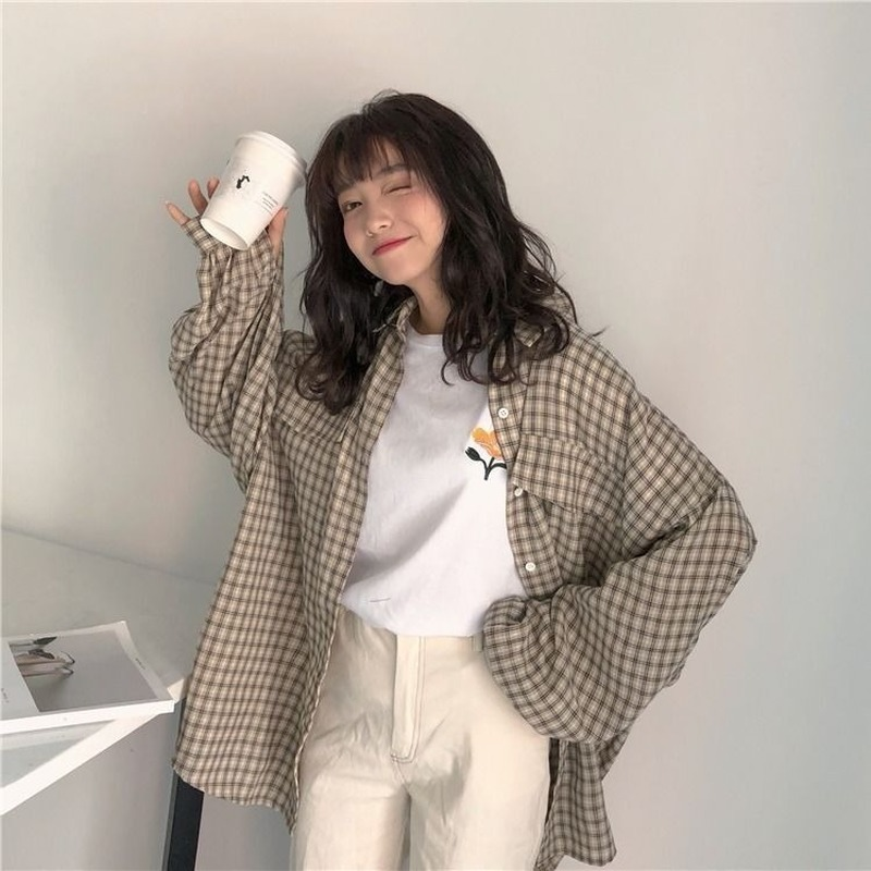 QWEEK 체크 무늬 셔츠 여성용 빈티지 블라우스 (무성한 슬리브 포함) 한국 스타일 2021 패션 플러스 사이즈 탑스 하라주쿠 캐주얼 쉬크