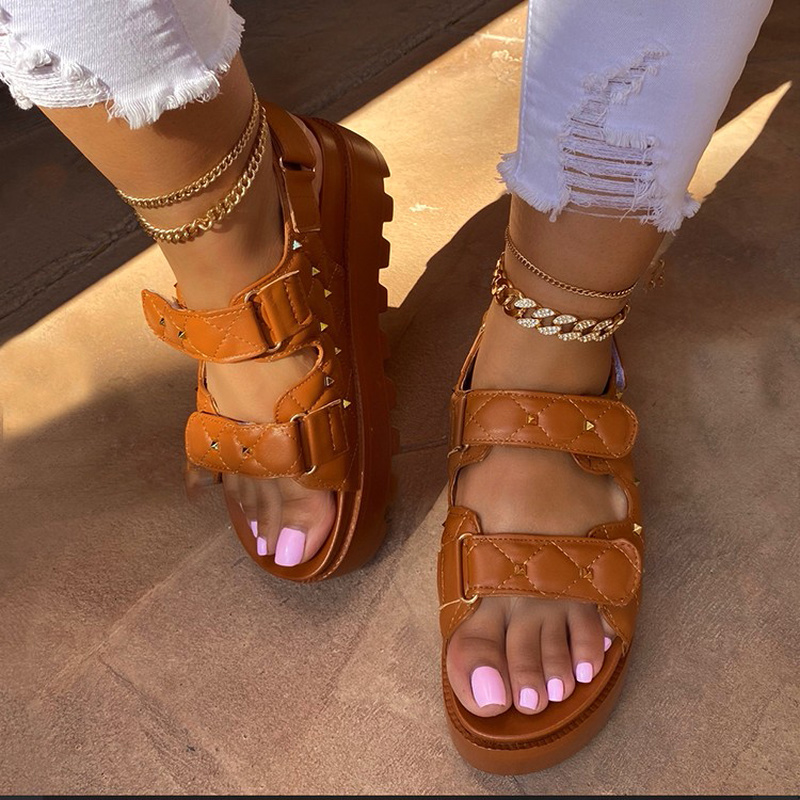 Сандалии женские на платформе, уличные удобные легкие кожаные босоножки на липучке, модная обувь в ретро стиле, лето