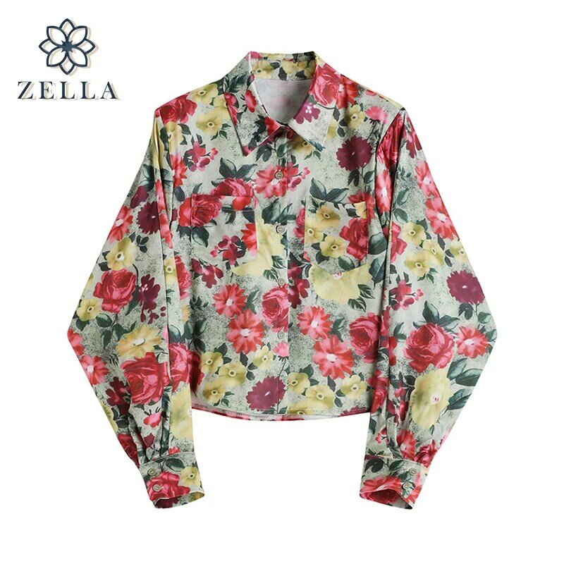 Y2k blusa feminina do vintage camisa de impressão floral manga longa harajuku oversize solto casual escritório senhora topo 2022 primavera novo