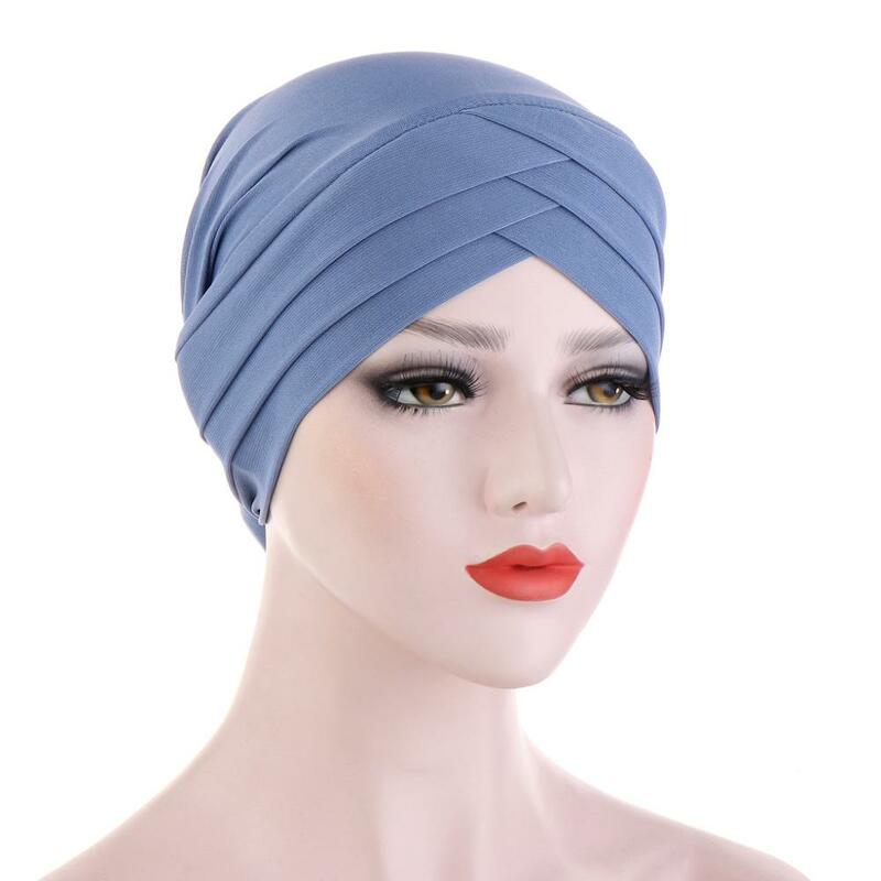 Cross Muslim Turban Pure Color Stretch Cotton Inner Hijabs For Caps Ready To Wear Women Head Scarf Under Hijab Bonnet