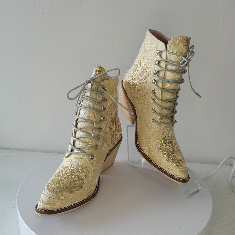 Bota ankle boot feminina plus size 22-26.5cm, comprimento flores bordadas, estilo chinês, primavera e outono