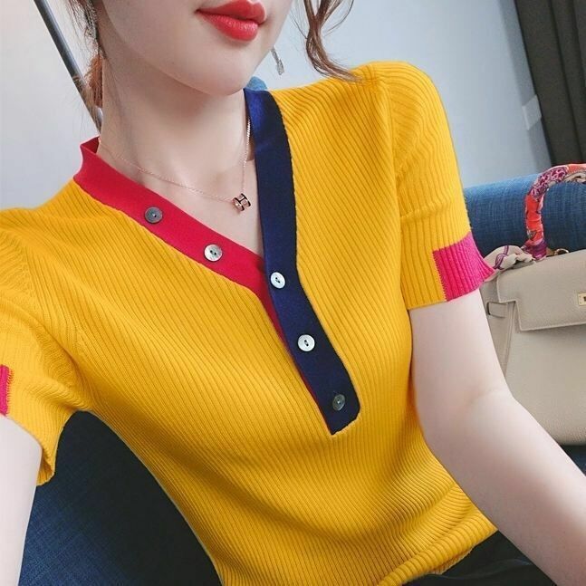 Lodowy jedwab dekolt w serek z krótkim rękawem t-shirt damski 2021 lato nowy kolor kontrastowy wszechstronny koreański, slim cienkie dzianiny Top