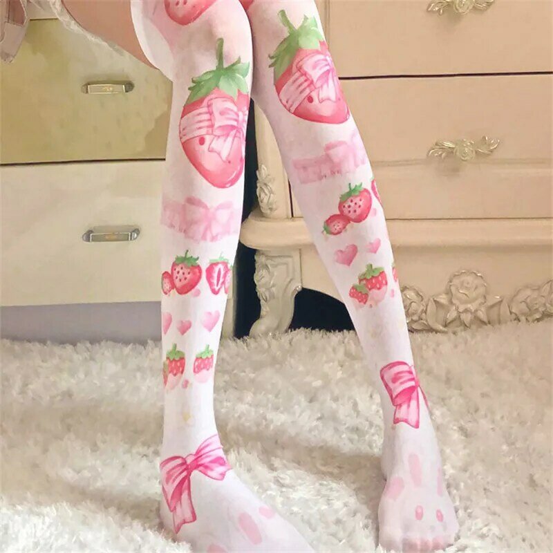 1 쌍 핑크 하라주쿠 귀여운 양말 패션 카와이 딸기 양말 여성 코스프레 패턴 핑크 양말 무릎 섹시 양말