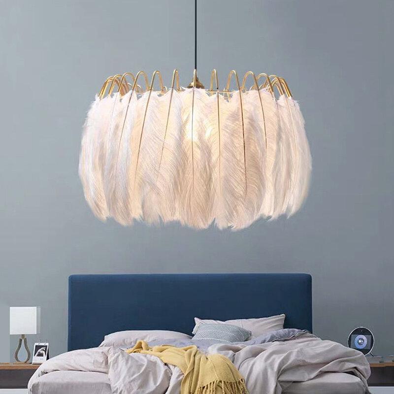 Ins Feather żyrandol dziewczyna romantyczny pokój dziecięcy sypialnia wisiorek z piórkiem lampa Nordic salon jadalnia stół do pokoju światło