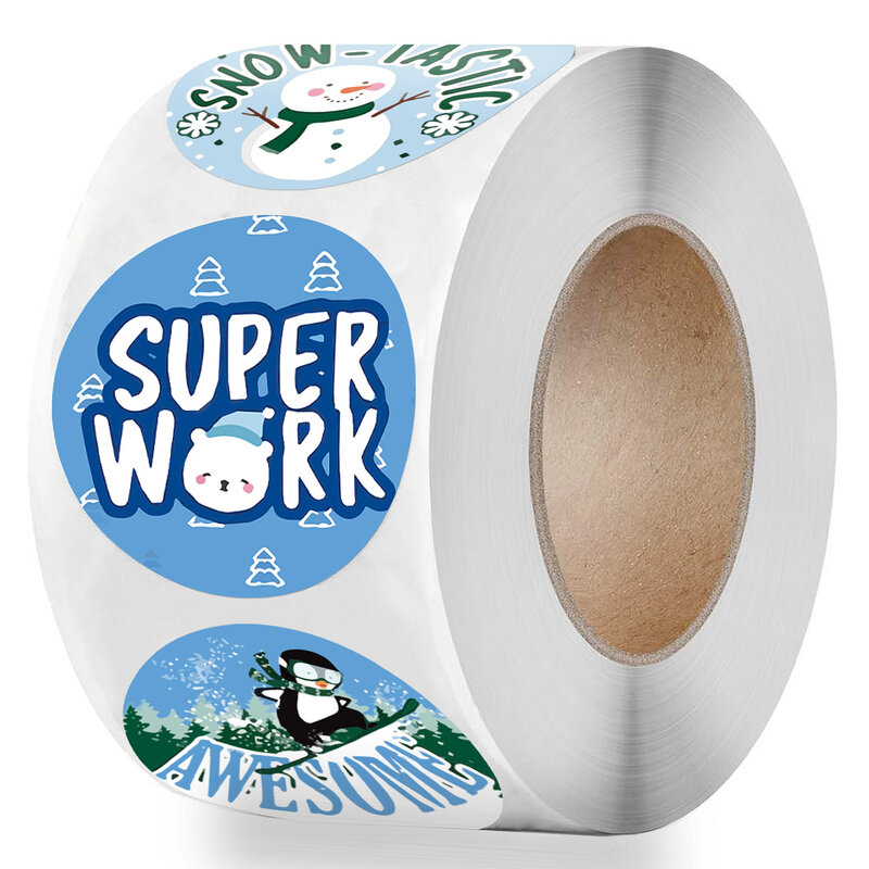500Pcs/Roll Leuke Sneeuwman Beloning Sticker Voor Kids 8 Ontwerp Woorden Met Aanmoediging Diy Decoratie Kerst Ronde Label