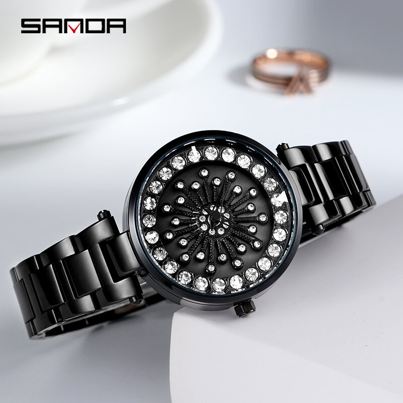 Sanda relógio feminino de marca de luxo, relógios de quartzo com diamante, à prova d'água, pulseira de aço para mulheres
