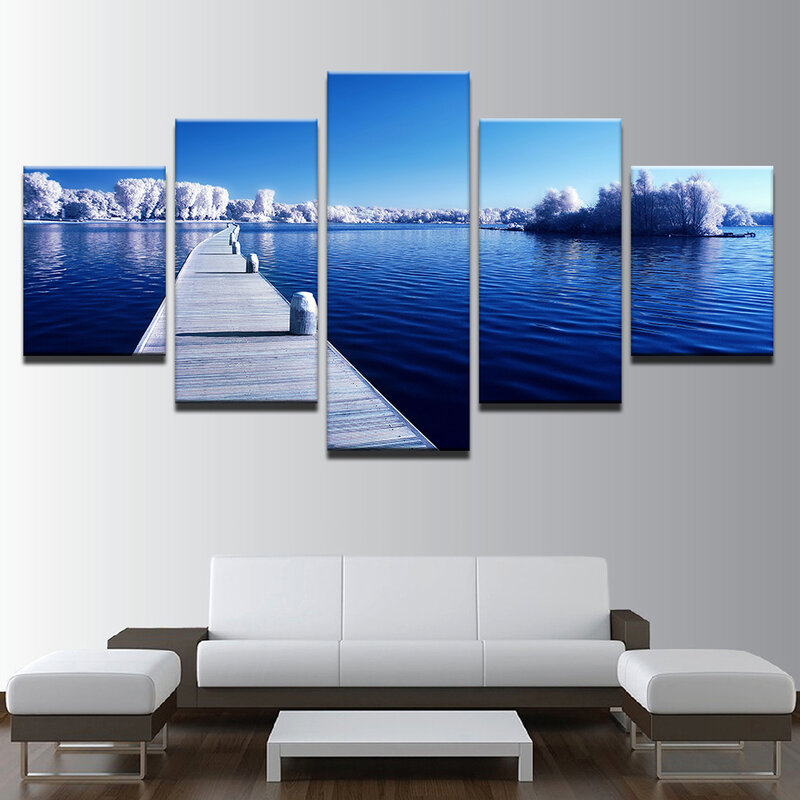 Lona decoração da casa fotos da arte da parede 5 peças neve árvores floresta ponte longa pintura sala de estar hd impressões azul oceano lago cartaz