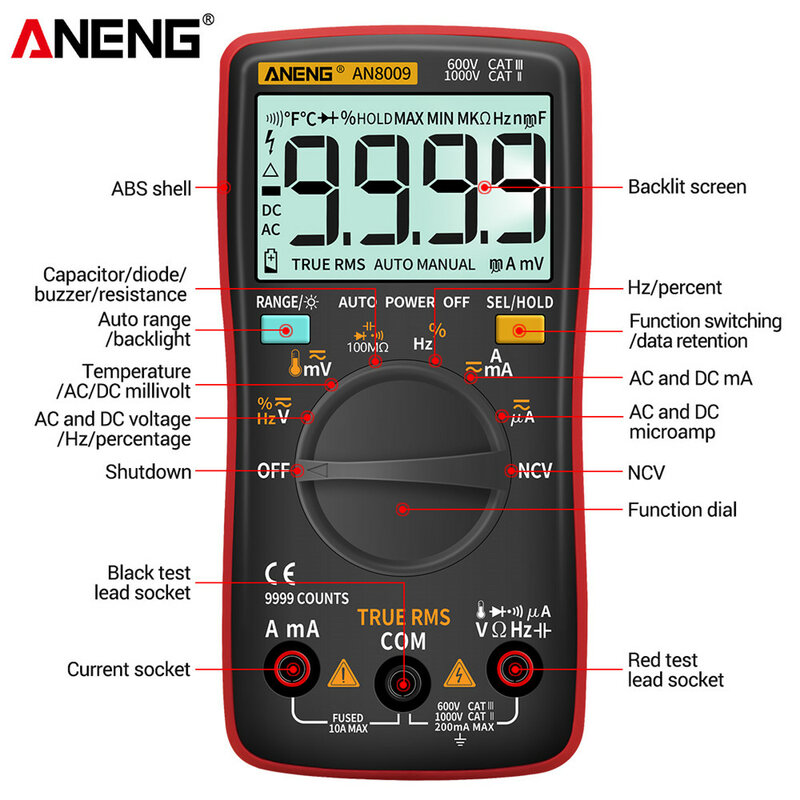 ANENG AN8009ดิจิตอลมัลติมิเตอร์ทรานซิสเตอร์เครื่องทดสอบ Capacitor True-RMS เครื่องทดสอบยานยนต์ไฟฟ้า Capacitance Meter อ...