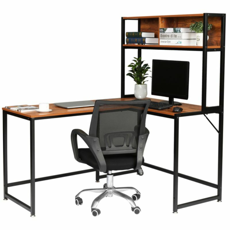 【USA READY STOCK】Black Steel Frame Particle Board Pasted With Triamine L-Shaped Right Angle Desk With Shelf