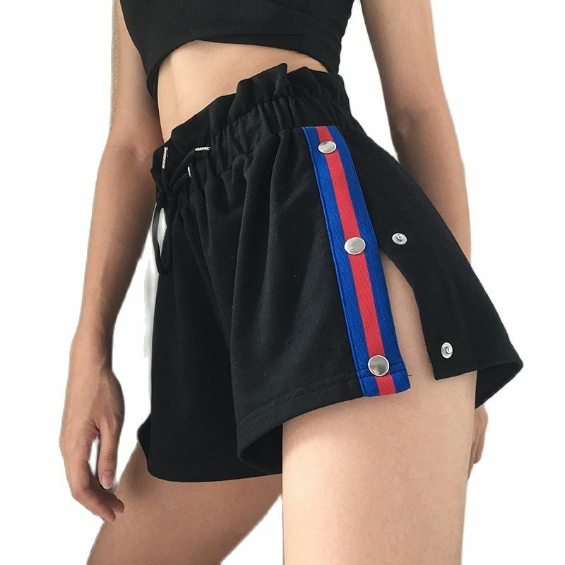 2021 guzik boczny moda damska Split szorty lato czarny, patchworkowy elastyczny sznurek wysoka talia, moda uliczna szorty gorący bubel