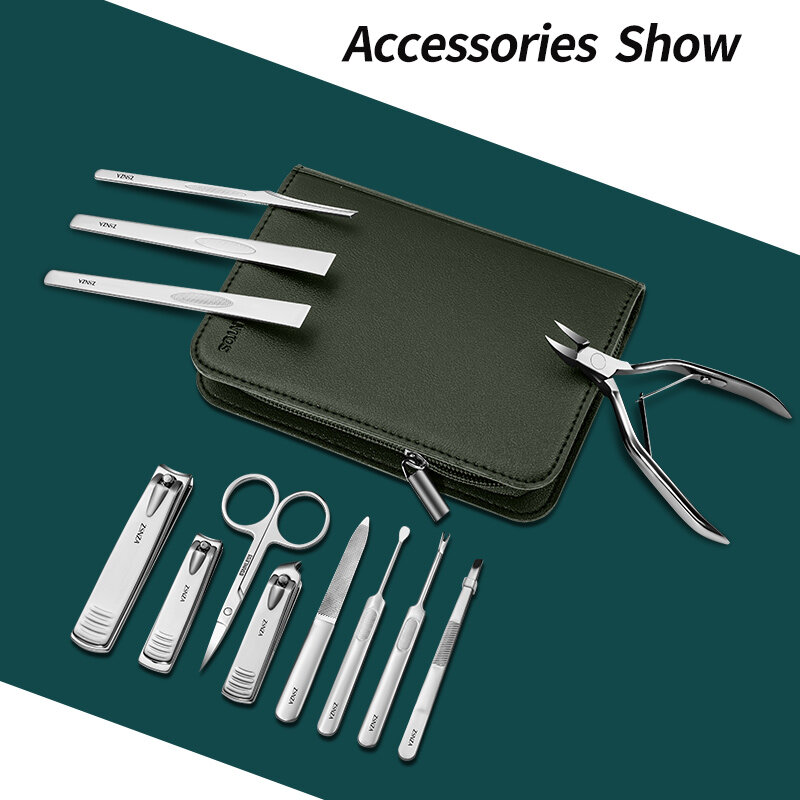 Manicure conjunto 12 em 1 aço inoxidável cortador de unhas função completa verde couro clippers mão kit ferramentas para viagem presentes