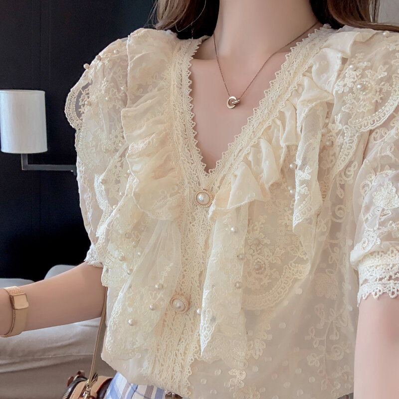 Botão vintange blusa feminina camisas 2021 moda verão elegante gola v camisa de renda manga curta plissado flores feminino topo 03j