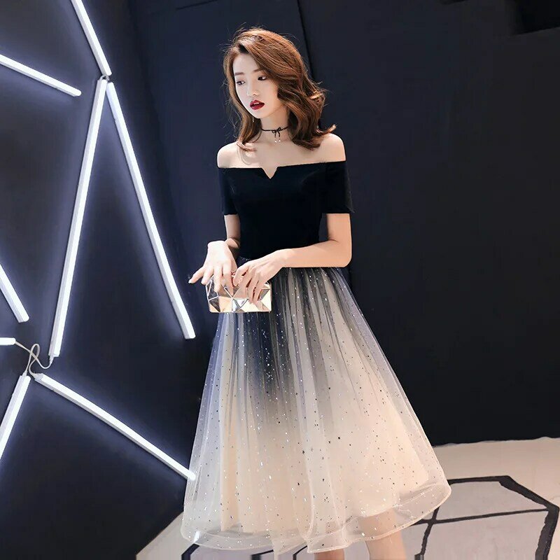 Bankietowa suknia wieczorowa 2020 New Fashion Off the Shoulder z krótkim rękawem gradientowa suknia na bal maturalny cekiny Tea Length