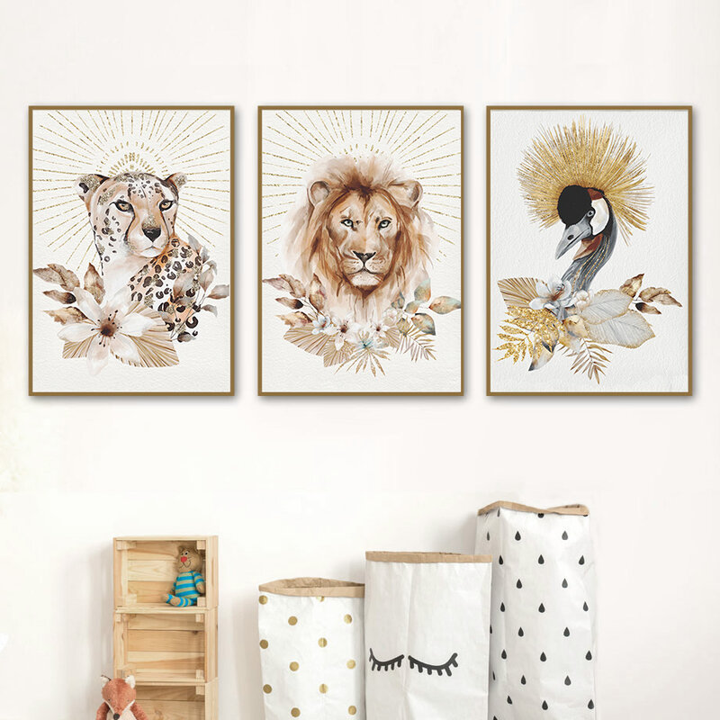 Pintura de tela para parede de animais, guindaste zebra, leão, selva, impressão nórdica, imagens de parede, decoração de quarto de criança