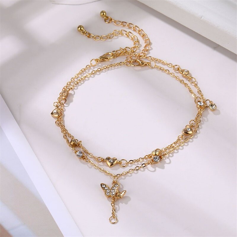 Été Boho papillon cheville pour femmes or multicouche cristal cheville Bracelet pied chaîne jambe Bracelet plage accessoires bijoux