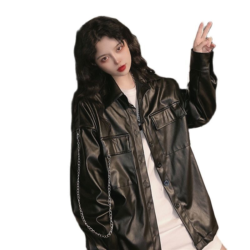 일본 캐주얼 여성 느슨한 가죽 모토 자켓 겉옷 한국어 스트리트 코트 세련된 Streetwear 긴 소매 블랙 탑스