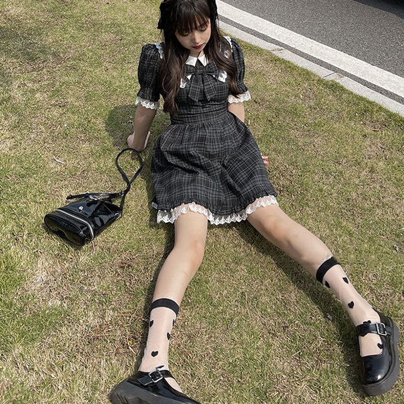 ฤดูร้อนญี่ปุ่นสาวน่ารักตุ๊กตาโบว์เอวลายสก๊อต Diablo Gothic Harajuku ลูกไม้เจ้าหญิง Kawaii Lolita ชุด
